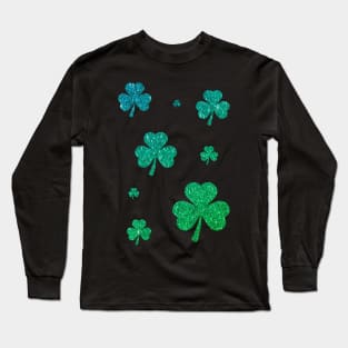 St Patricks Day, Ombre Green 3 Leaf Faux Glitter Clovers Long Sleeve T-Shirt